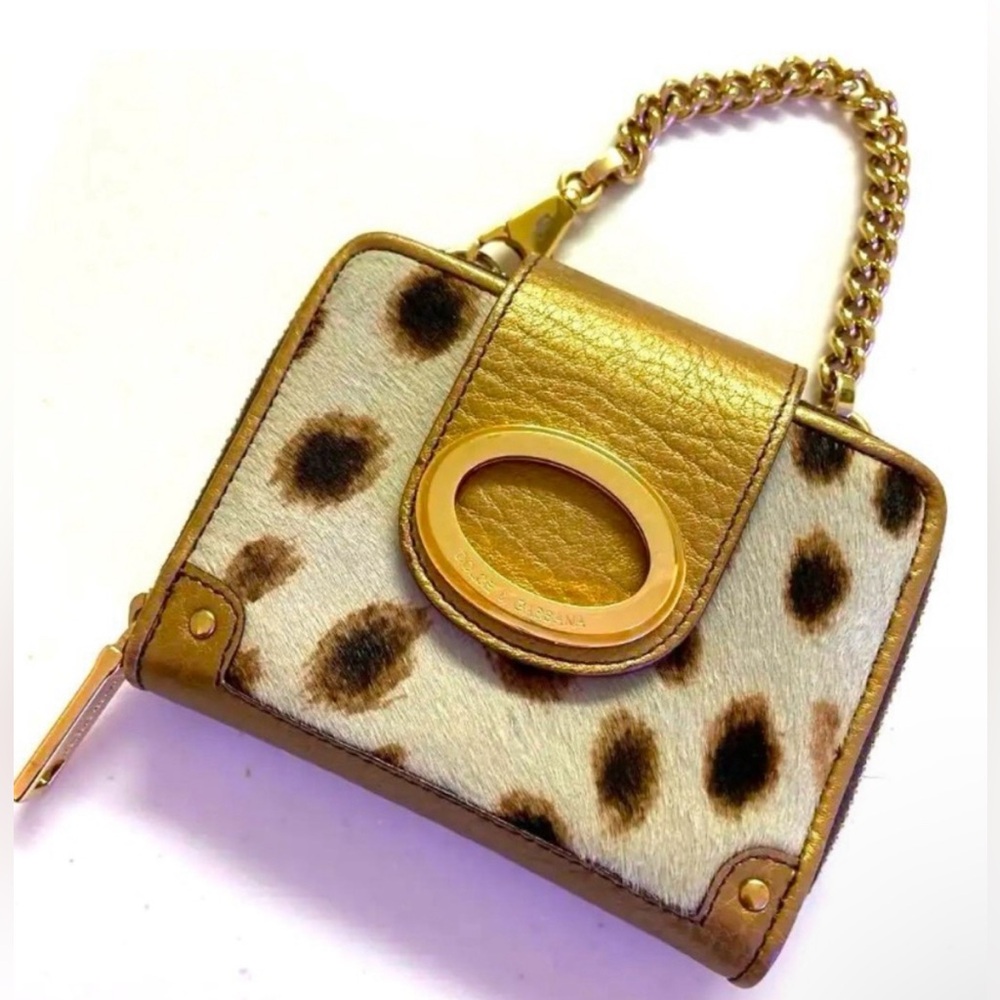 Dolce & Gabbana Pony Hair Leopard Brown Metallic Leather Cards Case Wallet Micro